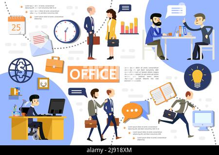 Flat business office infographic template with managers businessmen clock workplace briefcase lightbulb notepad calendar letter globe computer icons v Stock Vector