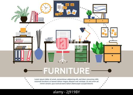 Flat designer workspace round composition with furniture desk stickers shelves printer computer lamp pictures flowers folders for documents vector ill Stock Vector