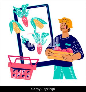 Farmer with harvest at mobile phone backdrop, flat cartoon vector illustration isolated on background. Farm food and agricultural market, online veget Stock Vector