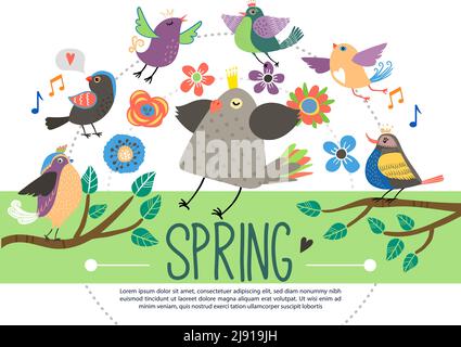 Flat springtime template with blooming beautiful flowers cute singing birds flying in forest and sitting on tree branches isolated vector illustration Stock Vector
