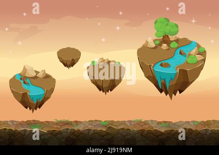 Night prairie game landscape, unending game background with rivers on the islands. Gui nature, interface landscape, travel game ui. Vector illustratio Stock Vector