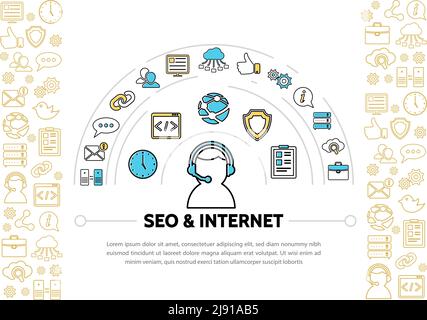 Internet line icons template with operator clock cloud seo optimization computer network router search briefcase globe message monitor protection isol Stock Vector