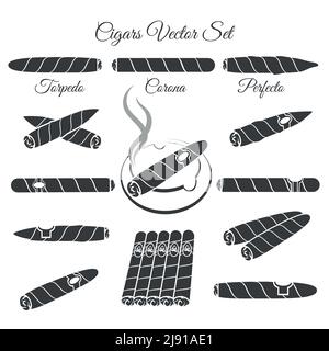 Hand drawn cigars vector. Torpedo corona and perfecto, culture lifestyle illustration. Vector cigar icons Stock Vector