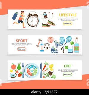 Flat healthy lifestyle horizontal banners with running athlete clock sport equipment bottle of water fruits and vegetables vector illustration Stock Vector