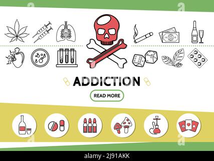 Line bad habits icons set with skull marijuana tobacco leaves syringes cigarette money dice drugs hookah playing cards mushroom tubes isolated vector Stock Vector