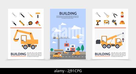 Vector flat construction tools card or flyer template illustration ...