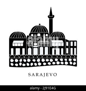 European capitals, Sarajevo. Black and white illustration Stock Vector