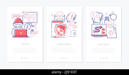 Hacker and data thief - line design style banners set Stock Vector