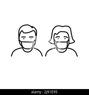 Man and woman wearing medical face masks. Front view. Male and female line avatar design. Stock Vector