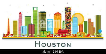 Houston USA City Skyline with Color Buildings Isolated on White. Vector Illustration. Business Travel and Tourism Concept with Modern Buildings. Stock Vector