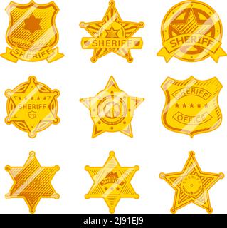 Golden sheriff star badges. Police and law, authority and justice, marshall star. Vector illustration Stock Vector