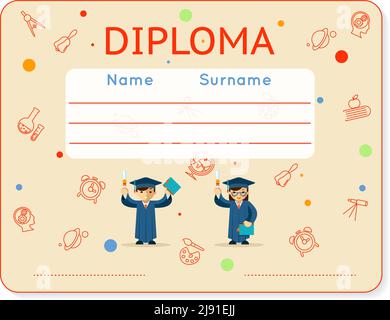 Vector school kids diploma certificate. Education and gift, award and graduation, girl and boy Stock Vector