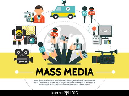 Flat mass media concept with photo video cameras microphones news car flash usb drive reporter radio tower journalists hands holding professional devi Stock Vector
