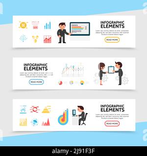 Flat infographic horizontal banners with diagrams and graphs for statistic report projects visualization business people in different situations vecto Stock Vector