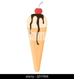 Ice cream in a waffle cone with cherries Stock Vector