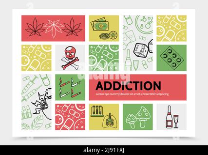 Harmful addictions infographic concept with marijuana leaves money chips dice skull cigarettes drugs mushrooms drink syringes playing cards sick lungs Stock Vector