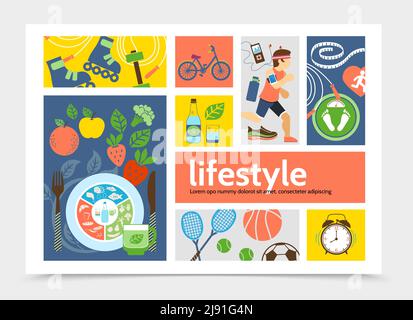 Flat healthy lifestyle infographic concept with running man rollers tennis soccer basketball balls alarm clocks bicycle fruits vegetables vector illus Stock Vector