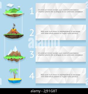 Low poly islands with steps and numbers infographics. Landscape and environment,  palm and ladder, volcano and travel, vector illustration Stock Vector