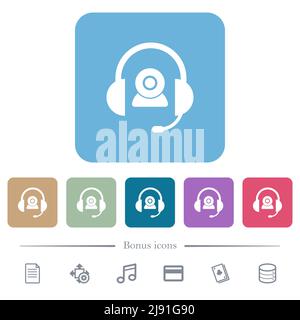 Video assistance solid white flat icons on color rounded square backgrounds. 6 bonus icons included Stock Vector