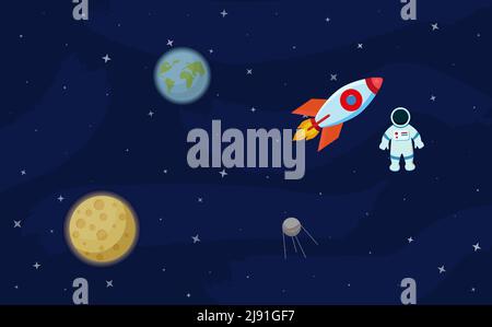 Cosmos set concept. Set on a space theme, including a transport, planets and related objects, satellites, instruments for tracking the cosmos. Vector Stock Vector