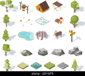 Isometric 3d forest camping elements for landscape design. Tent and deer, camp and bear, butterflies and mushrooms, map and pond. Vector illustration Stock Vector