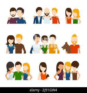 Friends and friendly relations flat icons. People social, person communication, couple human. Vector illustration