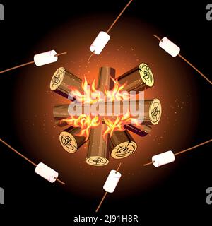 Fire camping marshmallows, top view marshmallow bonfire. Marshmallow on bonfire, campfire outdoor, food marshmallow stick, vector illustration Stock Vector