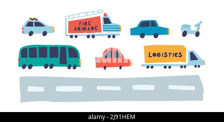 Cartoon vehicle - car, bus, taxi, moto, fire engine, truck. Isolated on white background vector illustration. Cute elements for design. Stock Vector