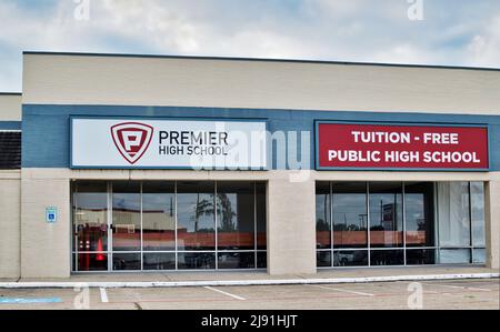 Houston, Texas USA 11-12-2021: Premier High School exterior and parking lot in Houston, TX. Education institution offering tailored learning programs. Stock Photo