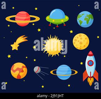 Cosmos set concept. Set on a space theme, including a transport, planets and related objects, satellites, instruments for tracking the cosmos. Vector Stock Vector