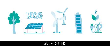 Set of elements for designs eco-friendly concepts. Natural electricity, solar and wind alternating current generation system. Isolated vector cartoon Stock Vector