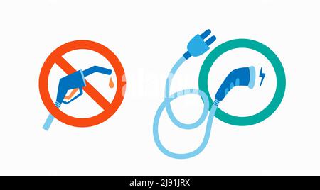 Gasoline pistol for refueling a car in a prohibitory sign. Electric car charging gun in green circle. Vector isolated illustration. Stock Vector
