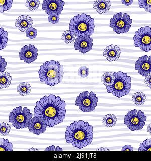 Seamless pattern with daisies and lines. Vector summer illustration suitable for stationery, fabric, wrapping paper and wallpaper. Stock Vector