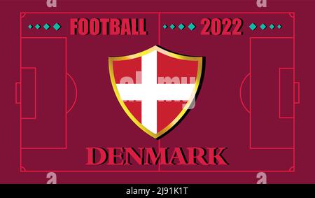 FIFA world cup Qatar 2022. Team Denmark flag design and text on soccer field background. vector illustration. eps 10 Stock Vector