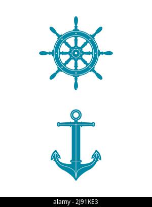 A ship wheel and anchor nautical ocean icon illustrations. Vector EPS available. Stock Vector