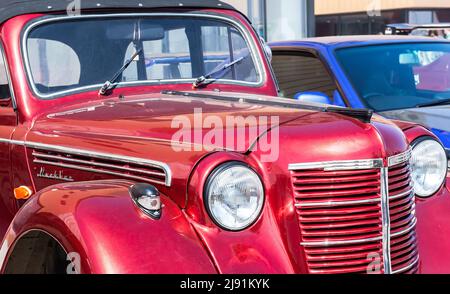 Samara, Russia - May 8, 2022: Front part of vintage soviet Moskvich-401 vehicle at the city street during retro car show Stock Photo