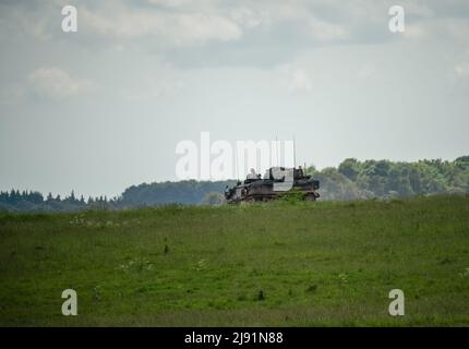 British army FV432 Bulldog armored personnel carrier on exercise on Salisbury Plain, UK Stock Photo