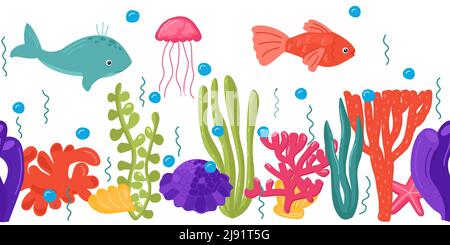 Vector illustration of seaweeds and sea animals. Underwater life set ...