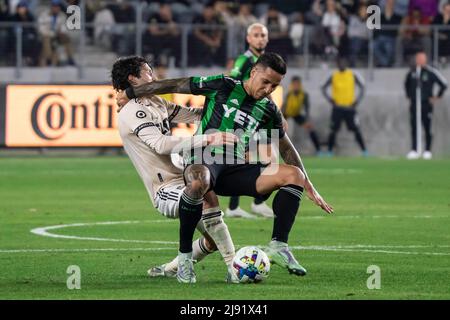 Austin FC forward Sebastián Driussi (7) is fouled by LAFC midfielder Ilie Sánchez (6) during a MLS match, Wednesday, May 18, 2022, at the Banc of Cali Stock Photo