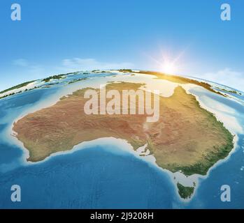 Physical map of Planet Earth, focused on Australia. Satellite view, sun shining on the horizon. Elements furnished by NASA Stock Photo