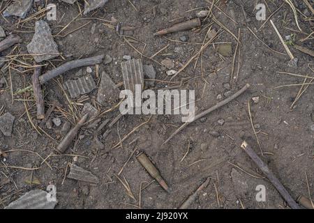 Malaya Rohan, Ukraine. 19th May, 2022. Bullets are seen on the ground after fighting between the Russians and Ukrainians took place in Mala Rohan, Ukraine, Thursday, May 19, 2022. Mala Rohan is a small village retaken by the Ukrainian forces, after Russia's attack on Ukraine. Photo by Ken Cedeno/UPI Credit: UPI/Alamy Live News Stock Photo