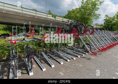 New bicycle racks at the train station, Erlangen, Middle Franconia, Bavaria, Germany Stock Photo