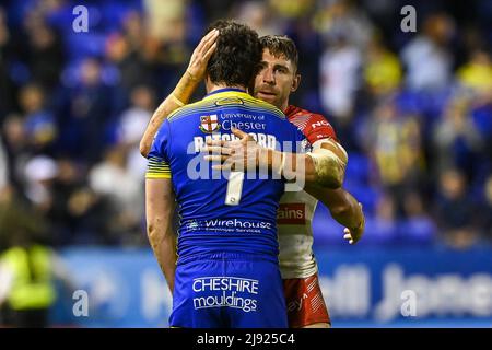 Stefan Ratchford #1 of Warrington Wolves and Tommy Makinson #2 of St Helens hug after the final whistle in, on 5/19/2022. (Photo by Craig Thomas/News Images/Sipa USA) Credit: Sipa USA/Alamy Live News Stock Photo