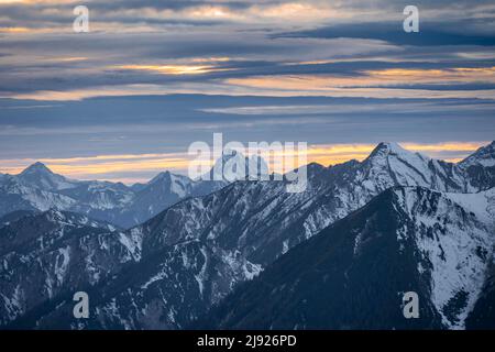 Ammergau Alps, mountains with snow, mountain landscape, Wetterstein Mountains, evening mood, Bavaria, Germany Stock Photo