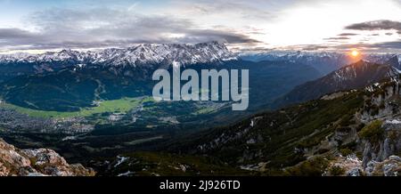 Sunset, Alpine panorama from the Kramerspitz, Wetterstein Mountains with Zugspitze in the background, Bavaria, Germany Stock Photo