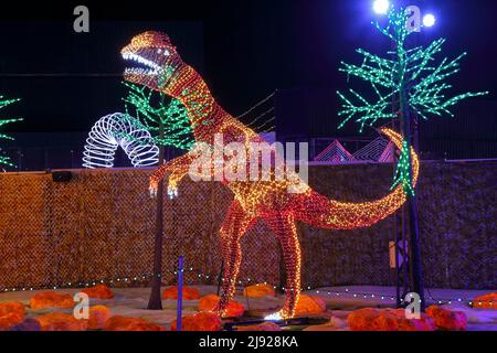 Illuminated dinosaur figures, Illumi Light Show, Laval, Montreal, Province of Quebec, Canada Stock Photo