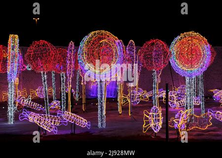 Illuminated candy figures, Illumi Light Show, Laval, Montreal, Province of Quebec, Canada Stock Photo