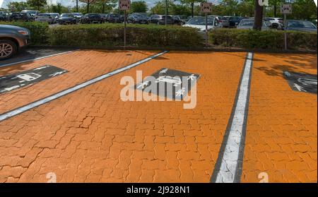 Specially marked family parking spaces at the railway station, Erlangen, Middle Franconia, Bavaria, Germany Stock Photo