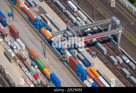 Aerial view of Billwerder loading station, containers from rail to truck, railway, station, logistics, containers, DB, Deutsche Bahn, railway Stock Photo