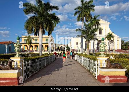 Main square, Plaza Mayor, historic city centre, old town, royal palm (Roystonea regia), back left Romantic Museum, Museo Romantico in the Brunet Stock Photo
